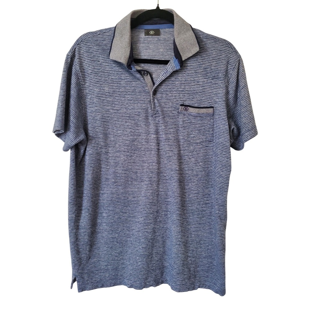 Bogner Mens Blue White Striped Cotton Linen Short Sleeve Polo Shirt Size M /‎ L